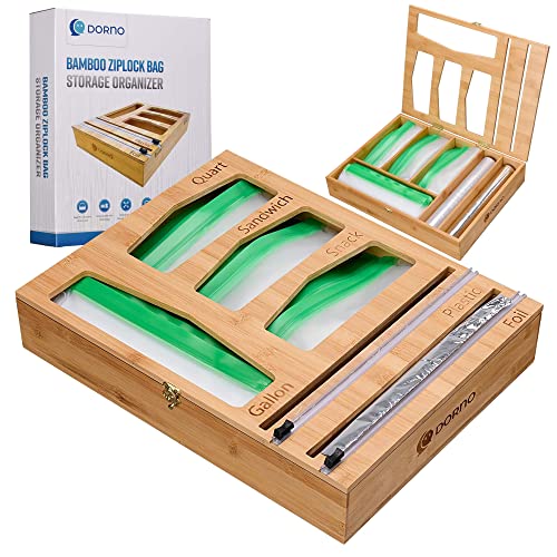 Dorno Bamboo Storage Bag Organizer - Kitchen Organization And Storage Dispenser For Gallon, Quart, Snack & Sandwich Food Bags - Aluminum Foil & Plastic Wrap Container With Sliding Cutters - 17X13X3” #TOP18