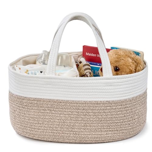 Image of Diaper Caddy Organizer, Empty Gift Basket for Newborn Essentials, Baby Storage Basket, Stylish Gift Bag for Baby Shower, Boys and Girls - Extra Large, White&Beige Brown