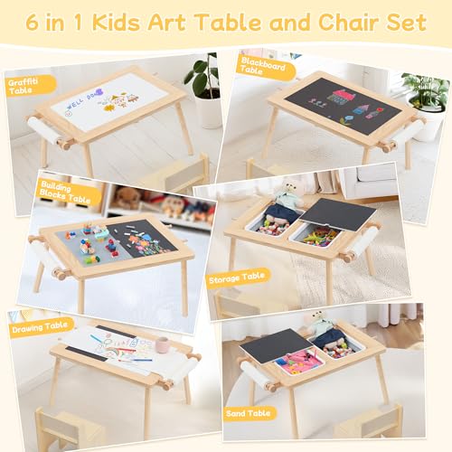Sensory-Table-and-Chair-for-Toddlers-2-8-Wood-Kids-Activity-Table-with-Storage-Bins-Toddler-Play-Table-with-Roll-Holder-for-Drawing-Paper-Kids-Art-Table-with-Double-Sided-Graffiti Sensory Table and Chair for Toddlers 2 8 Wood Kids Activity Table with Storage Bins Toddler Play Table with Roll Holder for Drawing Paper Kids Art Table with Double Sided Graffiti
