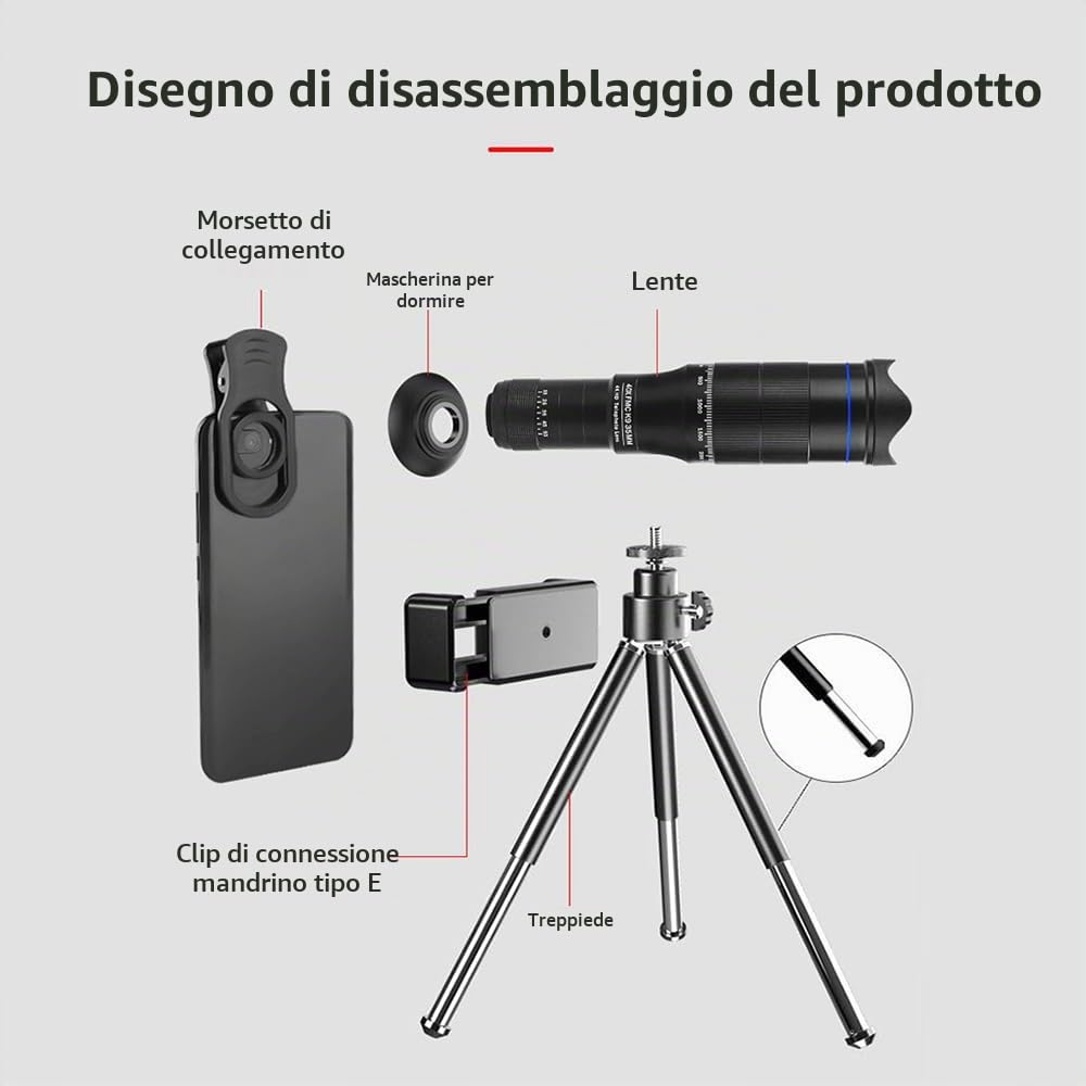 Andoer Kit Teleobiettivo 40X per Telefono Cellulare Teleobiettivo Telefono Mobile Lens Telescopio per Escursionismo Campeggio Osservazione Della Fauna Selvatica Moon Sports Game Concert Watch