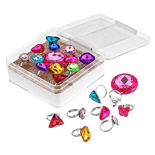 RICHNESS Adjustable Little Girl Jewel Rings Kids Gift Play Rings Multi Shapes Colorful Princess Pretend Jewel Rings Box Packed 12pcs - Thumbnail 2