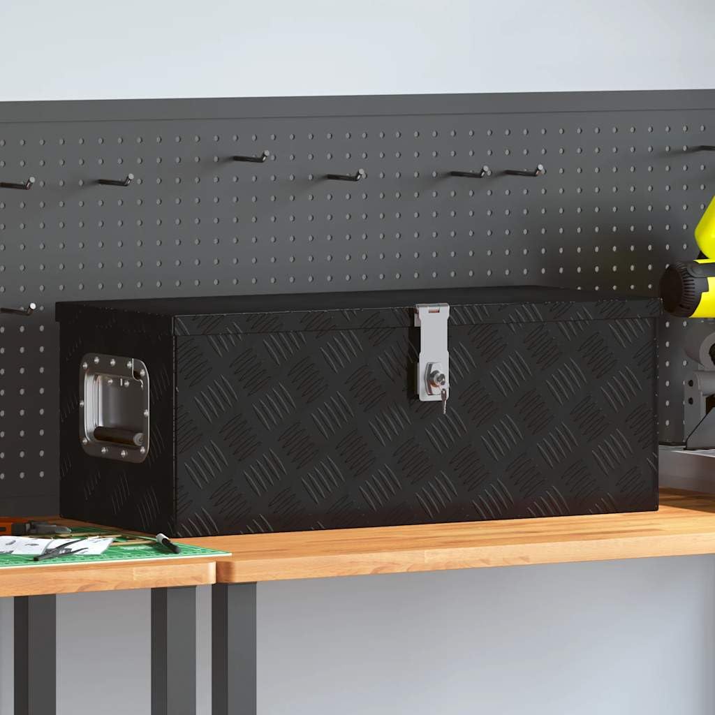Scatola portaoggetti nera in alluminio, 70 x 31 x 27 cm, con sistema di chiusura, cassetta degli attrezzi per officina, garage, casa, trasporto e sistema di organizzazione