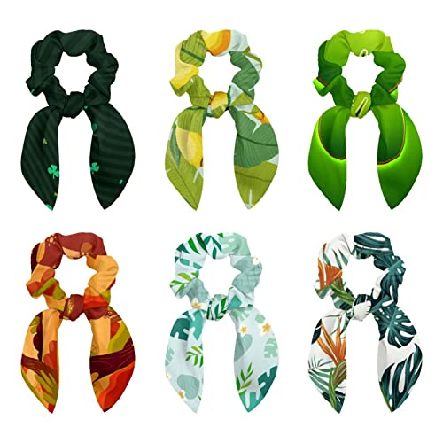 6 Pack Green Palm Leaves Yellow Lemons Scrunchies Hair Ties for Thick Hair, Hair Scrunchies with Bow for Women Girl, Ponytail Holders Bunny Ear Scrunchies Hair Accessories