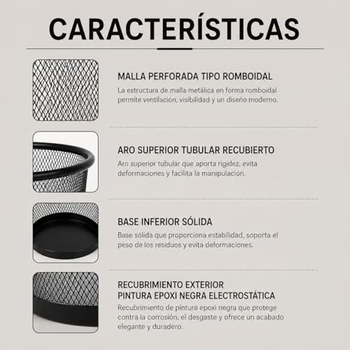 Miniatura 4 de Cablepelado Papelera Malla Metalica, Cesto Basura Redondo Metálico, Papelera Reciclaje, Cubo De Basura, Papelera Escritorio, Papelera Baño, 27 Cm Alto X 23.5 Cm Diámetro, 12 Litros Negro