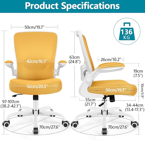 FelixKing Office Chair, Ergonomic Desk Chair Breathable Mesh Chairs Adjustable High Back Lumbar Support Flip-up Armrests, Executive Rolling Swivel Comfy Computer Chairs Home Office Yellow