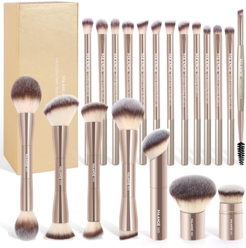 MAANGE 20 Pcs Makeup Brushes with Gift Box, Double-End Multi-functional Makeup Brushes for Blending Liquid Powder Concealer Cream Blush Buffe,Champagne