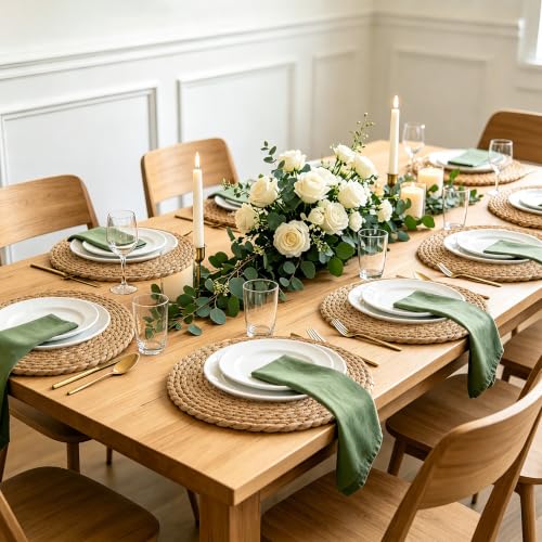 Image of 13.8 Inch Round Woven Placemats Set of 8, Rattan Chargers for Dinner Plates, Rattan Wicker Table Mats Jute Braided, Boho Farmhouse Rustic Braided Place Mats for Kitchen Dining Party Decor
