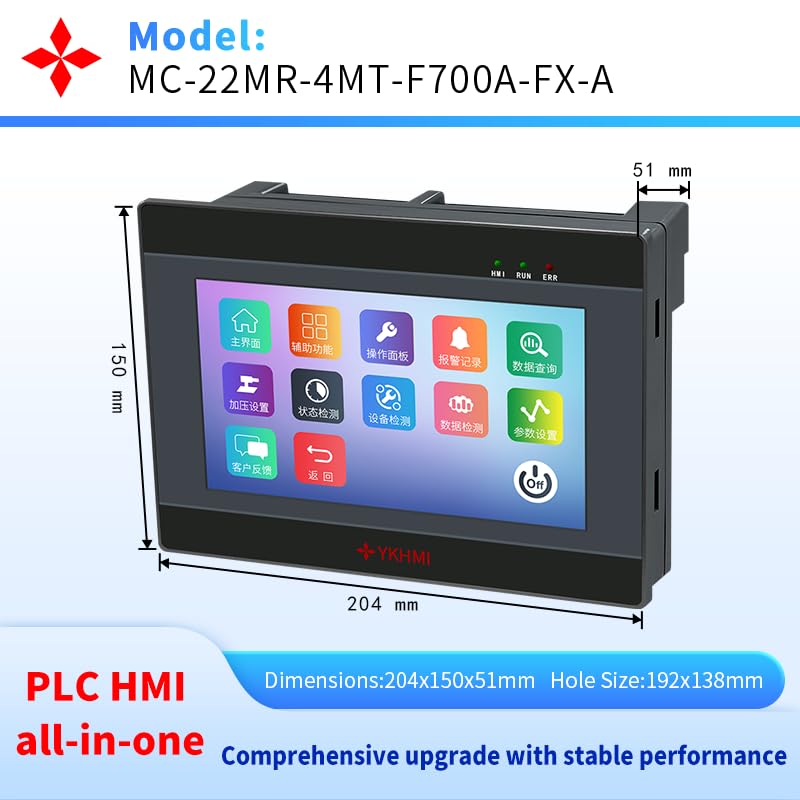 7 Inch PLC HMI All in One Integrated Programmable Logic Controller, 12 Input 10 Relay Output, 2 High Speed Input & Output 100KHz (22MR-F700-FX-A)