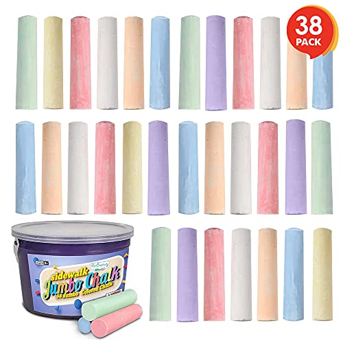 Artcreativity Jumbo Sidewalk Chalk Set In 7 Colors, 38 Colorful Chalk Pieces In Storage Bucket, Portable, Dust Free & Washable, For Driveway, Pavement, Outdoors, Arts & Crafts Gift For Kids #TOP1