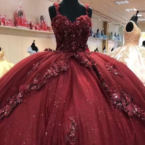 Long Tulle Sweet 16 Quinceanera Dresses Ball Gown Sweetheart 3D Lace Applique Prom Dress3