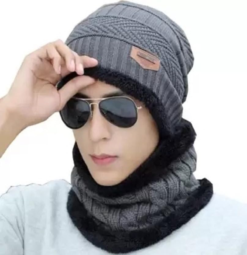 Stylish Men Woolen Monkey Cap | Winter Knit Hat & Scarf Set | Cold Weather Accessory | Lightweight & Warm Winter Cap (Grey)-image-3
