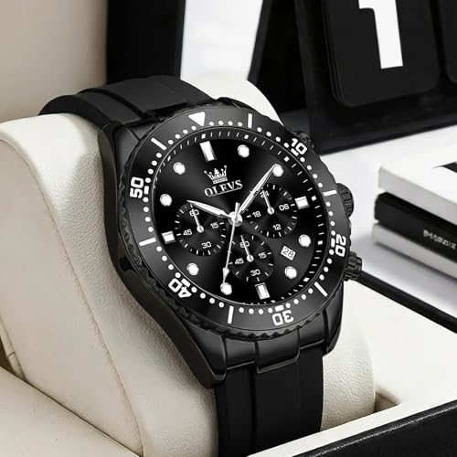Image of OLEVS Men's Watches Sport Chronograph Analog Quartz Watch for Men with Date Waterproof Dress Casual Fashion Watch Soft Silicone Rubber Strap Band, Unidirectional Bezel & 42mm Big Face