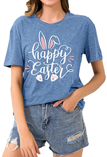 Image of Women Happy Easter T Shirt Bunny Rabbit Graphic T-Shirt Funny Letter Printed Shirts Short Sleeve Tops