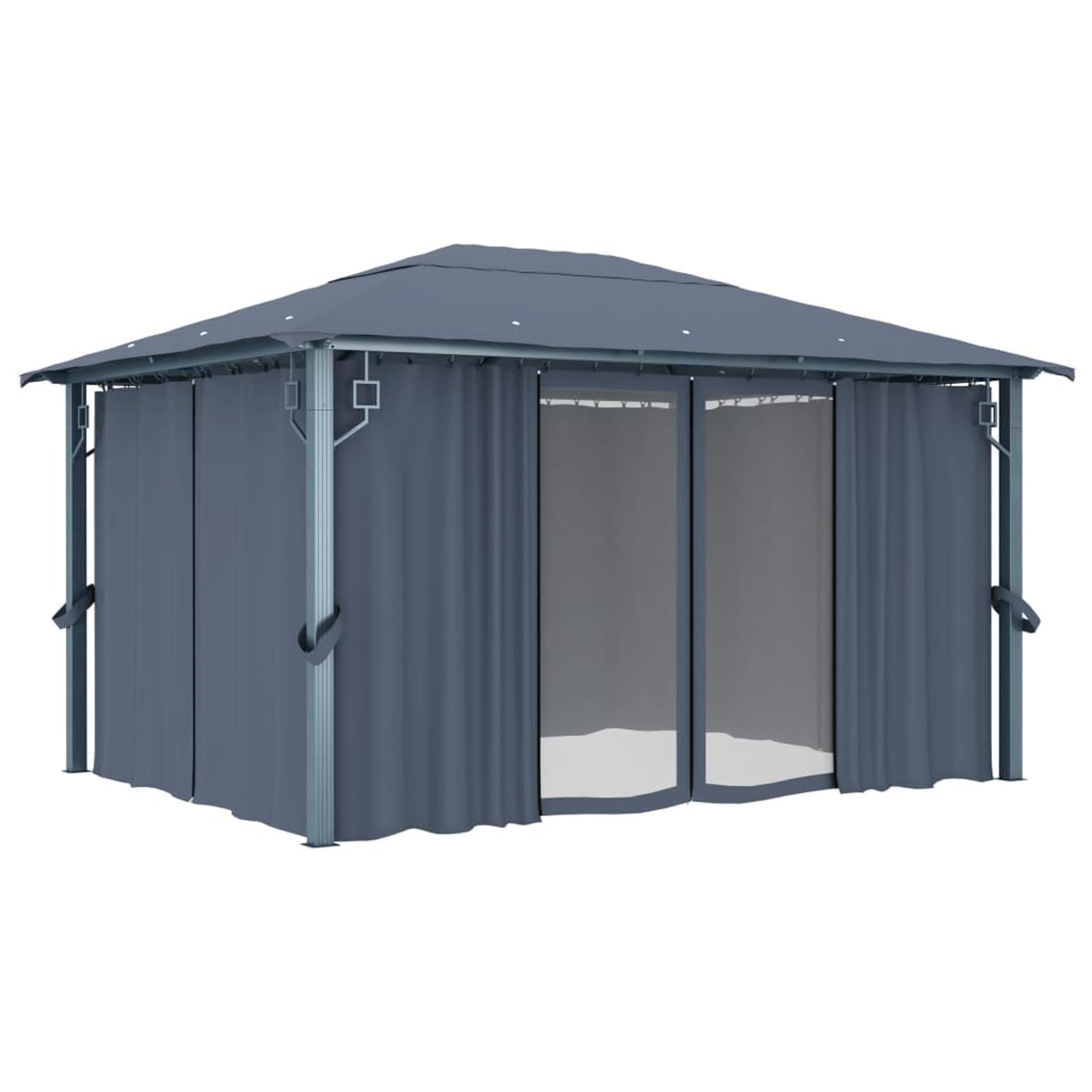 Pawilon z zasłonami 400 x 300 x 270 cm – rama ze stali aluminiowej w kolorze antracytowym, odporny na warunki atmosferyczne, z powłoką zapobiegającą promieniowaniu UV, 4 zasłony i siatki