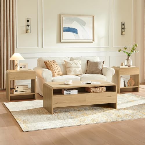AMERLIFE 3-Piece Living Room Table Set, Includes Coffee Table & 2 End Tables, Modern Coffee Table Sets with Large Storage Drawers & Smooth Rounded Edges, Natural Oak