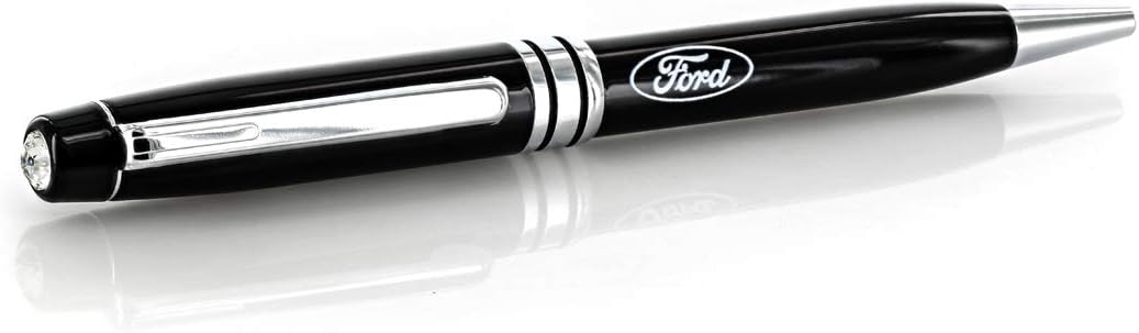 Ford Luxurious jet black logo ballpoint pen enriched with 6mm clear crystal. Silver-trimmed metal plating pen with a sturdy clip.