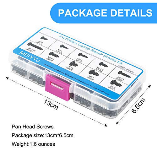 MEIYYJ M2, M2.3, M2.6, M3 Philips Screws Assortment Set, 500PCs Self-Tapping Micro Screws in 10 Sizes for Computer Glasses Repairing, Carbon Steel Black Precision Screws Kit with Organizer Box