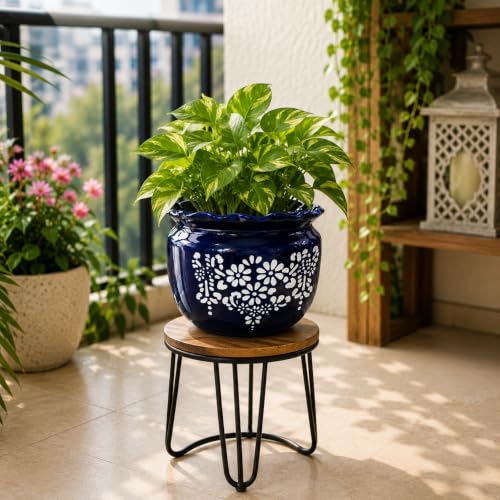 Image of Niyara Ceramic planters pots for Indoor Outdoor Home, Garden Office Decor Balcony Planters Gamla Flower Size Small 6 inches (Blue Jaipuri Print)