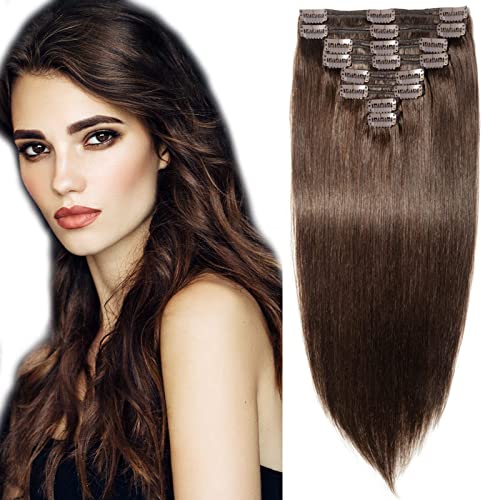 Elailite Clip in Hair Extensions Real Human Hair Double Weft Thick Remy Natural Hair, 8 Pieces Full Head Straight