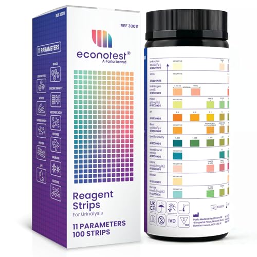 Econotest Reagent 11-in-1 Urine Test Strips 100 Dipsticks - Urine Test Kit with Leucocytes Blood Glucose Nitrite Ketones Protein Bilirubin pH Specific Gravity Urobilinogen Ascorbic Acid