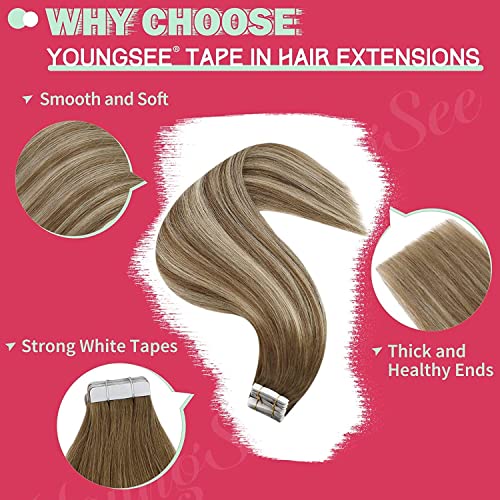 Youngsee Tape In Extensions Human Hair Balayage Dip Dyed Tape In Real Hair Extensions Light Brown With Platinum Blonde Tape In Balayage Hair Extensions 24 Inch 50G 20Pcs #TOP1