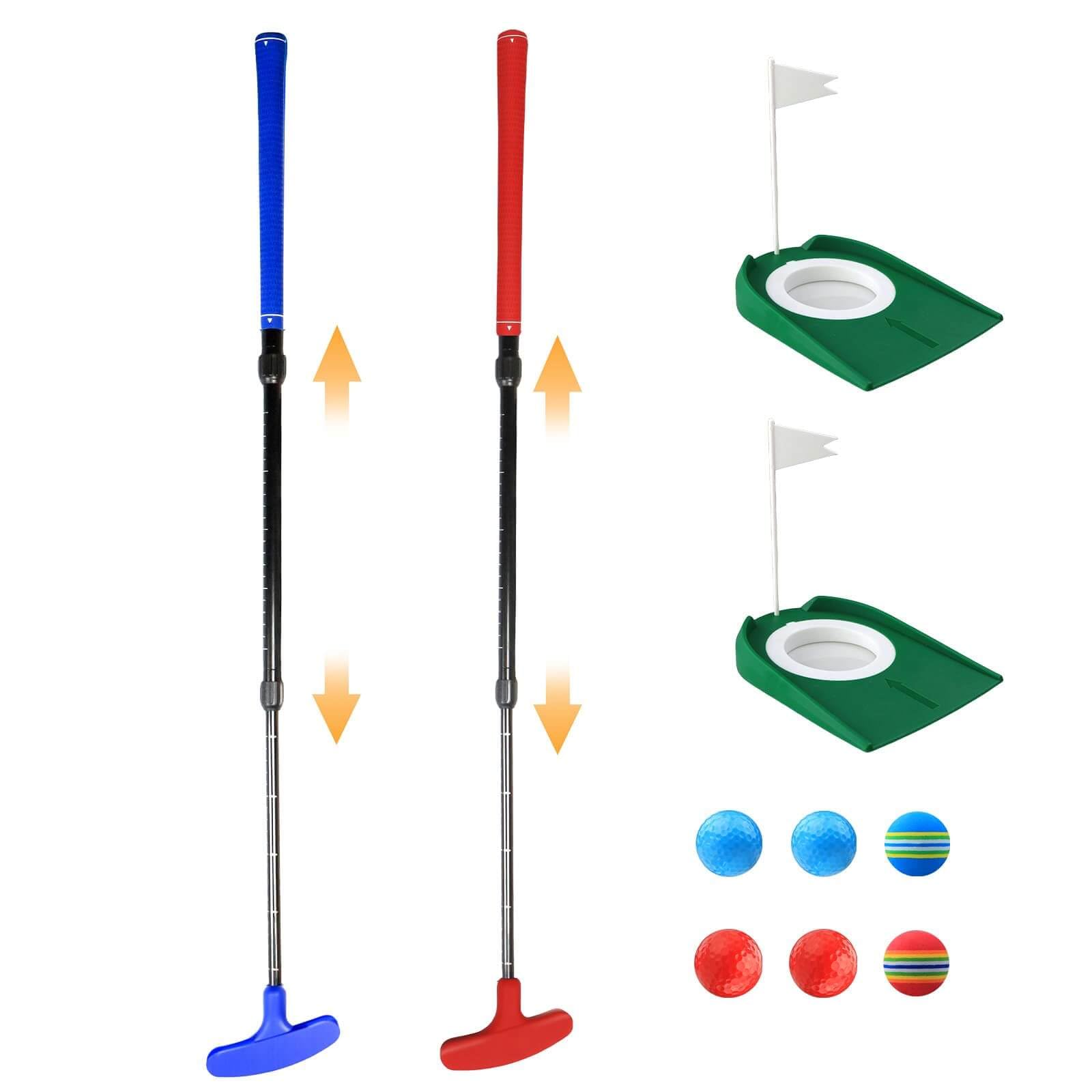 Verstellbarer Golf Putter Set (Rot & Blau) - Beidhändig für Links- & Rechtshänder, Mini Golfset, Professionelle Golf Trainingshilfen & Golf Zubehör für Kinder & Junioren