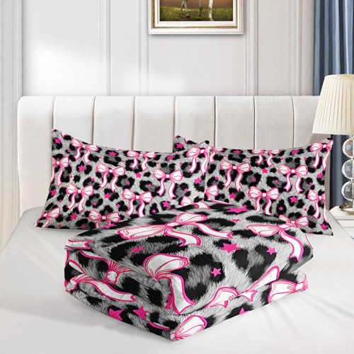 Image of AILONEN Coquette Leopard Comforter Queen 3 Piece Hot Pink Bow Bedding Set Soft Microfiber Quilted Duvet Alternative Master Bedroom Decor Stylish Grey Blanket 2 Cases