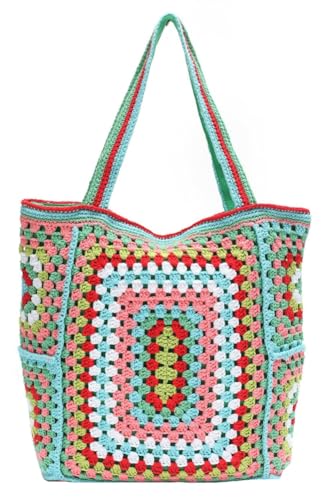 Image of Knitted Shouder Bags for Women Crochet Handbag Colorful Summer Totes Oversized Woven Top Handle Purse