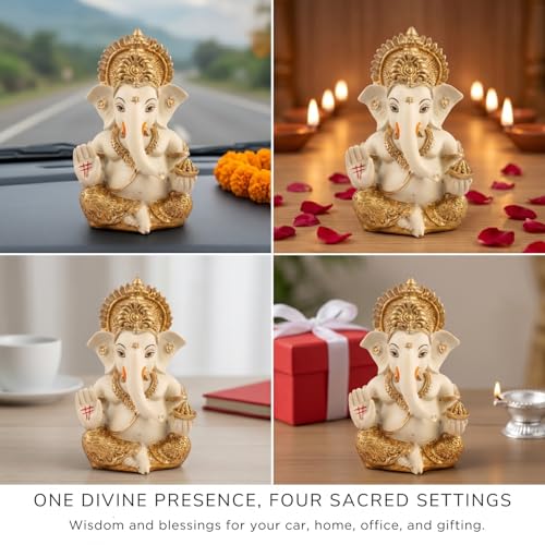 Image of Golden Legacy Cream and Gold Ganesha Idol - Divine Seated Ganpati Statue with Gold Accents for Home Mandir, Office Desk, and Car Dashboard - Auspicious Vastu Home Decor and Spiritual Gift