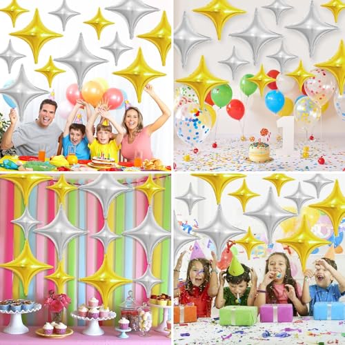 Image of Gold Silver Star Balloons,12Pcs Four Angle Star Foil Balloons | 26Inch and 10Inch Blue Gold Silver Quadrangle Star Helium Balloon for Birthday Graduations New Year Party Decorations