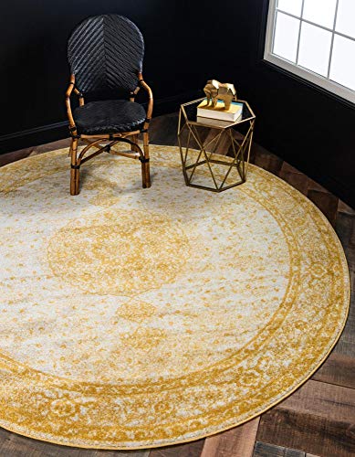 Rugs.com Dover Collection Rug – 8 Ft Round Yellow Low-Pile Rug Perfect for Kitchens, Dining Rooms