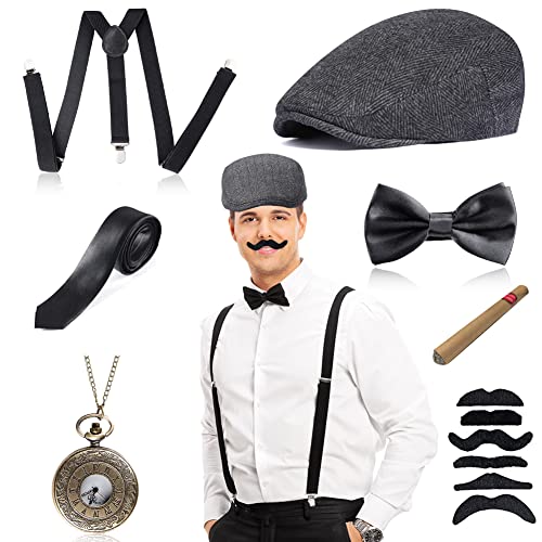 Gohytal Années 1920 Hommes Déguisements Accessoires, Mafia gatsby costume ensemble y compris Fausse Moustache,Chapeau,Montre,Bretelles Élastiques Ajustables,Nœud Papillon,Cravate Cover