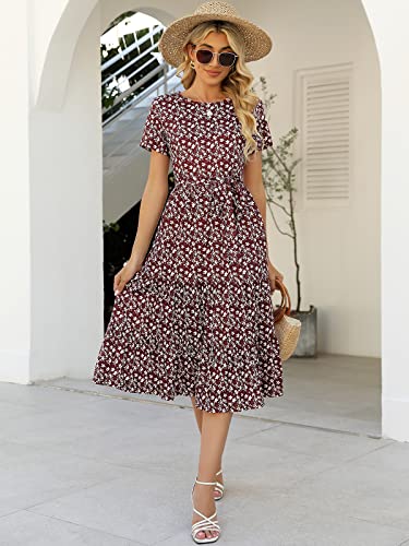 Image of Lyrur Women's Dresses Casual Summer Tiered Midi Dress Short Sleeve Belted Ruffle Babydoll Boho Sundress with Pockets