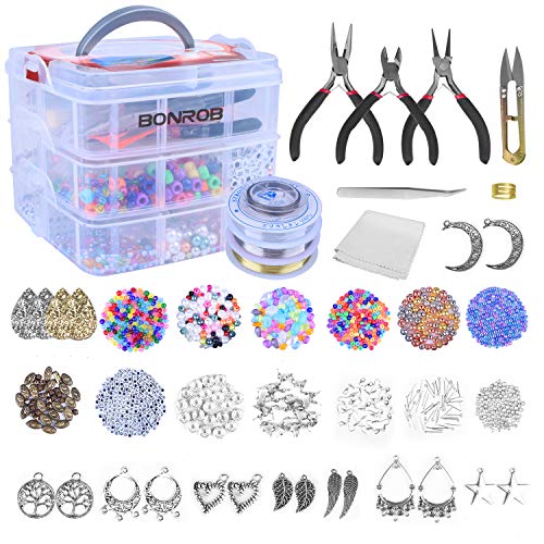 BONROB 1500 Pcs Kit de Fabrication de Bijoux avec Pince à Bijoux, Fil de Perles, Perle et Breloques pour Faisant Bracelet, Collier, Boucle d'oreille Etc BO021