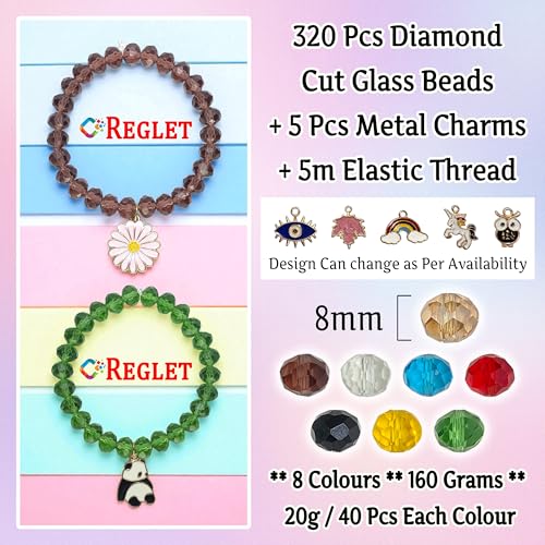 Image of 5 Pcs Charms + 320 Pcs Diamond Cut Glass Beads for Jewellery Making Kit - Glass Beads for Bracelet Making Kit - Bead Craft - 8 mm