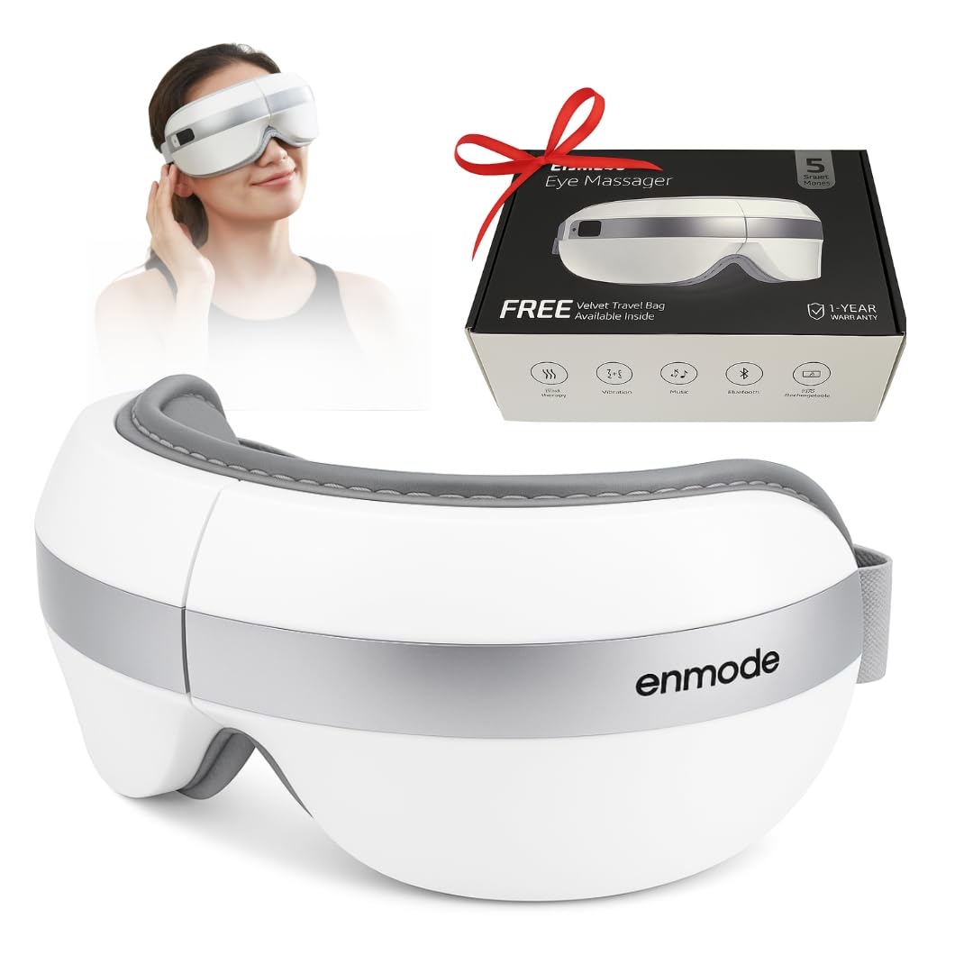Enmode Eye Massager with Lukewarm Heat, Bluetooth & Air Compression, White | 5 Modes, Foldable, Rechargeable, Reduces Eye Strain & Dark Circles, Headache & Stress Relief, Ideal after long screen time