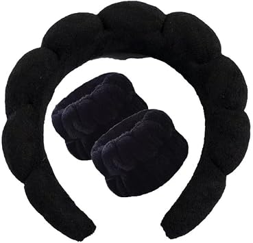 Spa Headband Face Wash Wristband Set Sponge Makeup Skin Care Headband Terry Cloth Bubble Soft Hair Band for Women Girls Puffy Padded Headwear Non Slip Thick Hair Accessories Black
