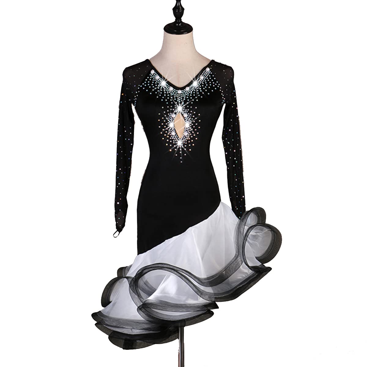 Abito da ballo latino nero da donna con scollo a V a maniche lunghe Salsa Samba Costume da concorrenza latino Abito gonna gonfio abbigliamento spettacolare gonna latino flamenco (XXL, nero)