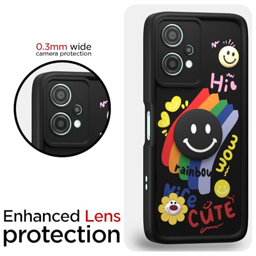 Image of Pikkme Back Cover for OnePlus Nord Ce 2 Lite 5G | Soft Silicone| Cute Rainbow Smile & 3D Cartoon Flower Design | Shockproof Raised Camera Protection Bumper Case (Black)