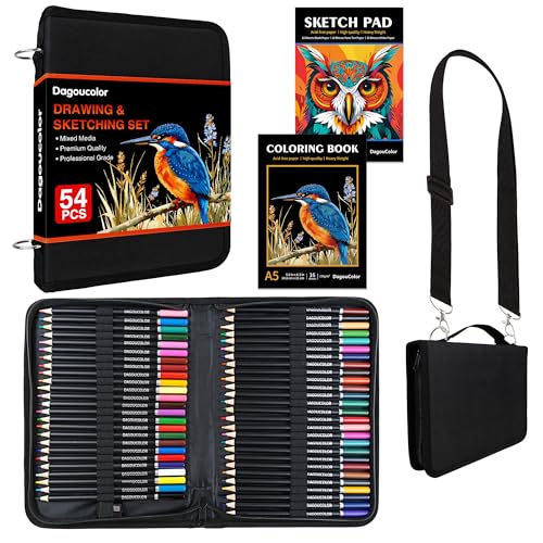 DagouColor Matita Colorate Borsa di a Spalla, 52 Matite Kit Disegno, Schizzi Set con 3-colore Sketchbook, Libro Colorare, Forniture D'arte per Artisti Principianti Professionisti Disegno Media