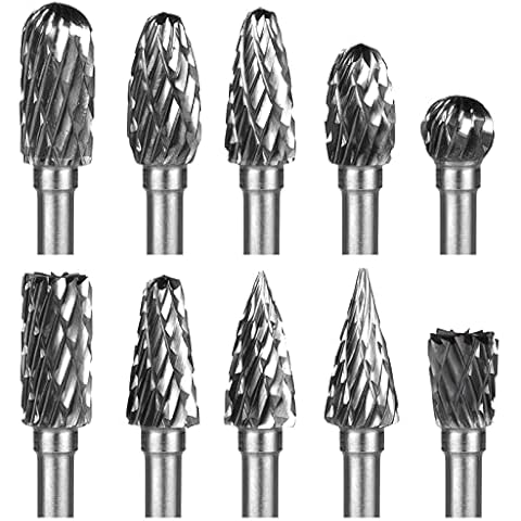 Holzfräser für Bohrmaschine Hartmetallfräser Hartmetall Frässtifte - HPHOPE 10 Stück Schaftfräser mit Doppelschnitt 3mm(1/8") Schaft, Metallfräser für Bohrmaschine Cover