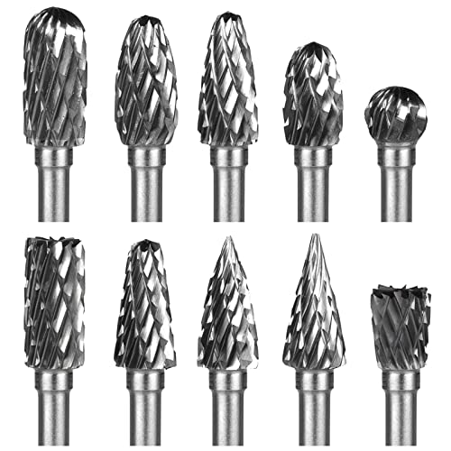 Holzfräser für Bohrmaschine Hartmetallfräser Hartmetall Frässtifte - HPHOPE 10 Stück Schaftfräser mit Doppelschnitt 3mm(1/8") Schaft, Metallfräser für Bohrmaschine Cover