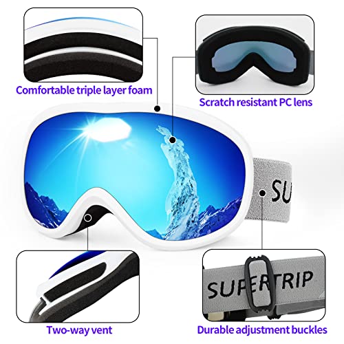 Image of Supertrip Snow Ski Goggles Anti-Fog 100% UV Protection Snowboard Skiing Goggles (White Frame /Blue Lens (vlt 28%))