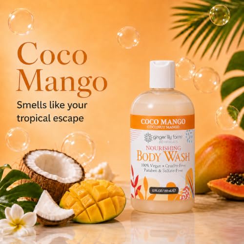 Image of Ginger Lily Farms Botanicals Body Wash, 12oz, Coco Mango | 100% Vegan & Cruelty-Free | Nourishing Bath & Shower Gel for All Skin Types