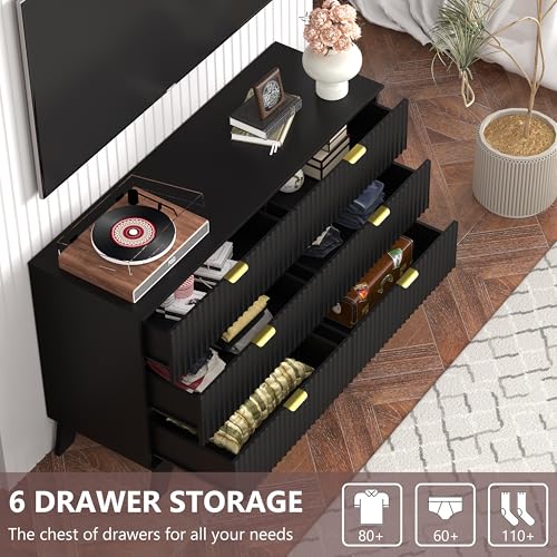 Image of Black Dresser 6 Drawer Dresser for Bedroom, 47''W Fluted Wooden Dresser Storage Cabinet and Chest of Drawers with Metal Handle, Storage Organizer for Living Room, Hallway, Entryway