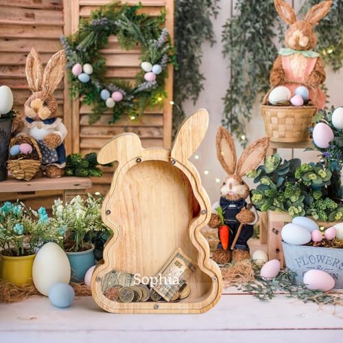 Image of Custom Wooden Bunny Piggy Bank for Kids Name | Personalized Birthday Gifts for Boys Girls, Easter Bunny Decor Encourages Early Saving, Easter Basket Stuffers for Kids