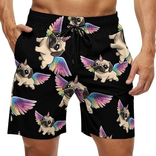 Unicorn Pug Wings Mens Swim Trunks Quick Dry Board Shorts Beach Swimwear Bathing Suits