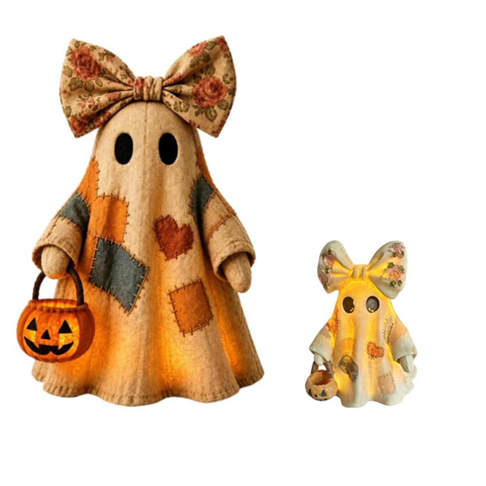 2Pcs Halloween Lamp Vintage Ghost Decoration, LED Patchwork Ghost Ornament for Tabletop, Retro Glowing Figurine for Shelf Mantel Farmhouse Autumn Home Decor