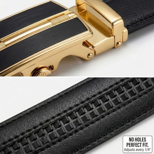 Image of JINIU Men's Ratchet Belt Buckle, Black Genuine Leather Slide Belt for Men Dress Suit, Micro Adjustable Trim to Fit Boxed