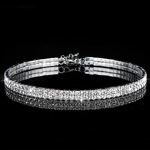 Yolev Choker Silber 2 Drainage Diamant Halsketten Silberne Strass Choker Halskette Funkelnde Kristall Halsband Damen Schmuck Hochzeit Party Abschlussball Accessoires für Braut Mädchen